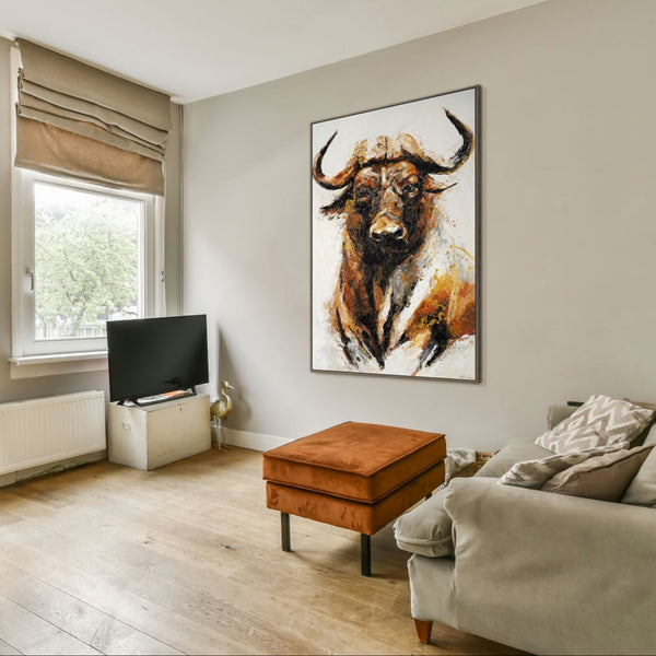 The painting "Strength" is an expressive portrait of a bull