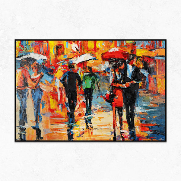 The painting "City in the Rain" is a vivid scene in the style of impressionism