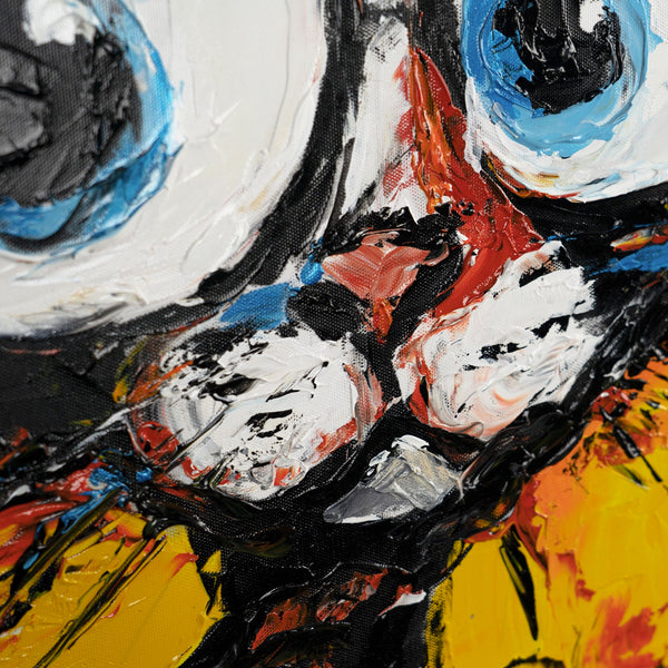 The painting "Three Characters" is a playful abstraction with cats