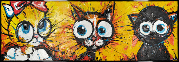 The painting "Three Characters" is a playful abstraction with cats