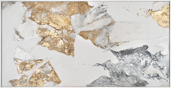 The painting "Minerals of Light" is an abstraction with gold and silver textures.