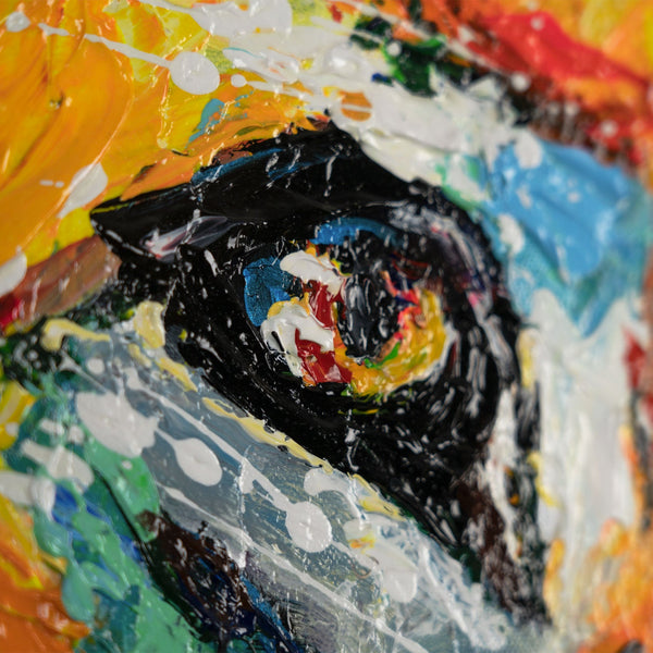 The painting "The King of Color" is an expressive portrait of a lion