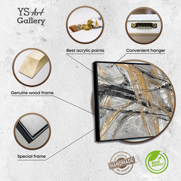 The painting "Mechanics of Motion" is a linear abstraction in metallic tones.