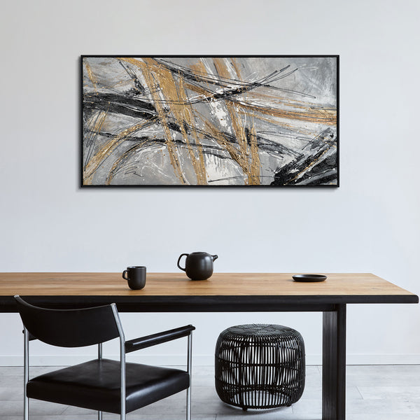 The painting "Mechanics of Motion" is a linear abstraction in metallic tones.