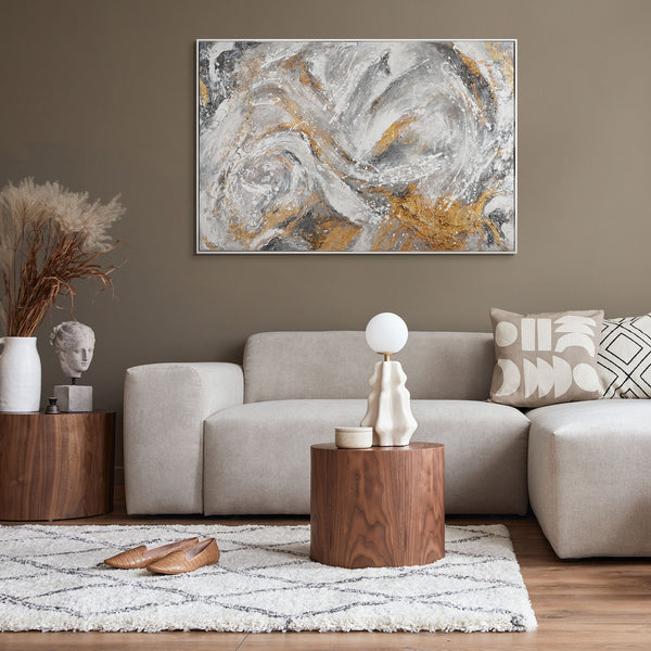 The painting "Marble Stream" is an energetic abstraction in a stone palette