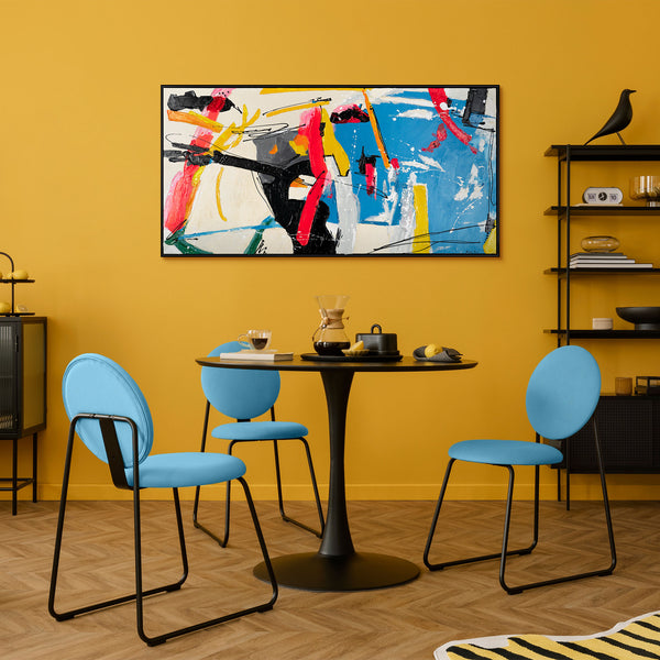 The painting "In the Rhythm of Chaos" is an explosive abstraction in bright colors