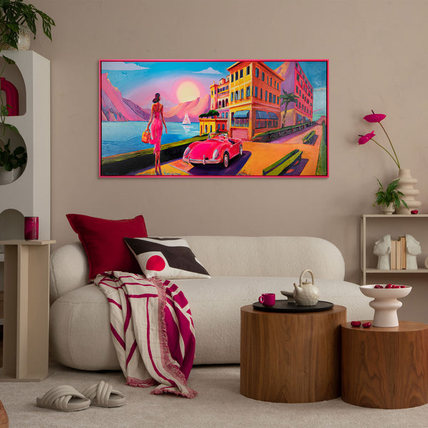 The painting "After Sunset" is a stylish retro scene on the coast