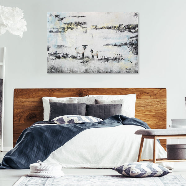 The painting "Case" is a plot scene with sheep against an abstract background.