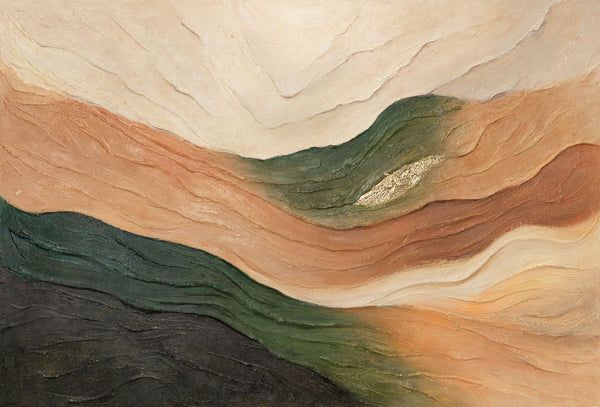 The painting “Waves of the Horizon” is an abstract textured landscape with depth