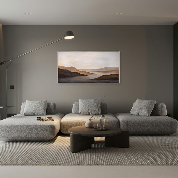 The painting “Soft Dawn” is an abstract landscape in delicate natural tones