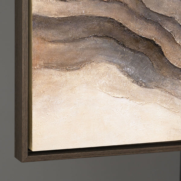 The painting “Memory of the Earth” is an abstract composition in natural colors