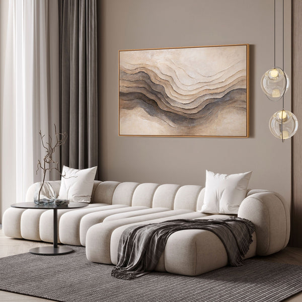 The painting “Memory of the Earth” is an abstract composition in natural colors