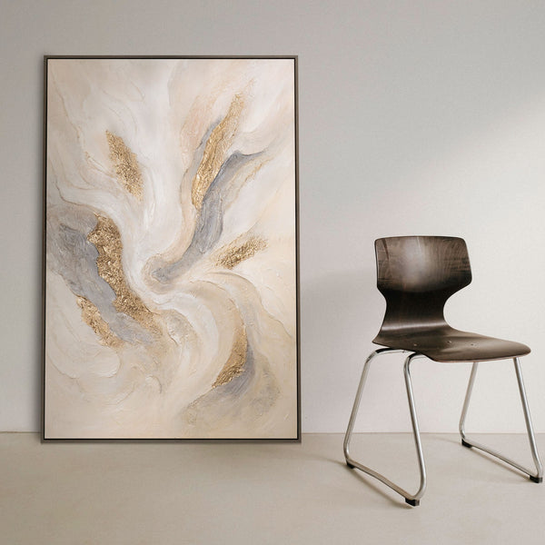 The painting “The Radiance of the Stream” is an abstract composition with golden energy