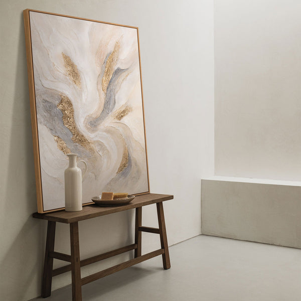 The painting “The Radiance of the Stream” is an abstract composition with golden energy