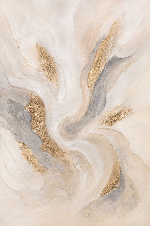The painting “The Radiance of the Stream” is an abstract composition with golden energy