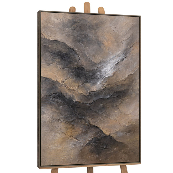 The painting “Darkness and Dawn” is a textured abstraction with a texture in natural tones.