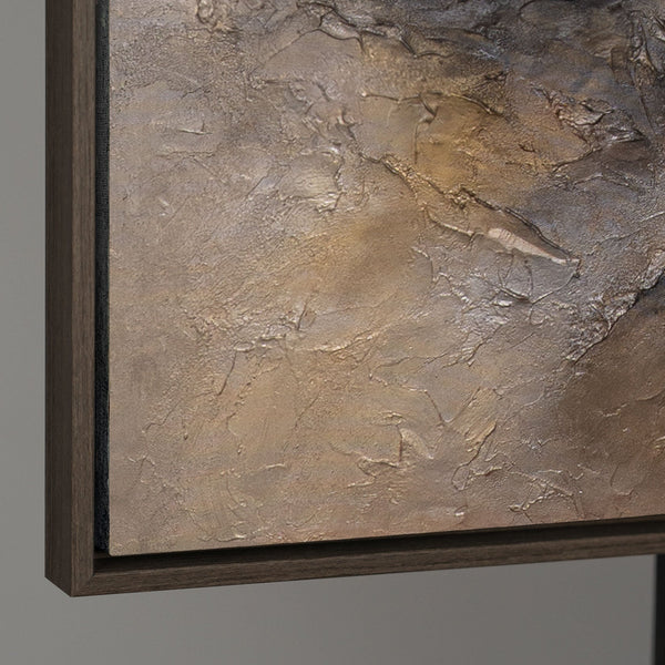 The painting “Darkness and Dawn” is a textured abstraction with a texture in natural tones.