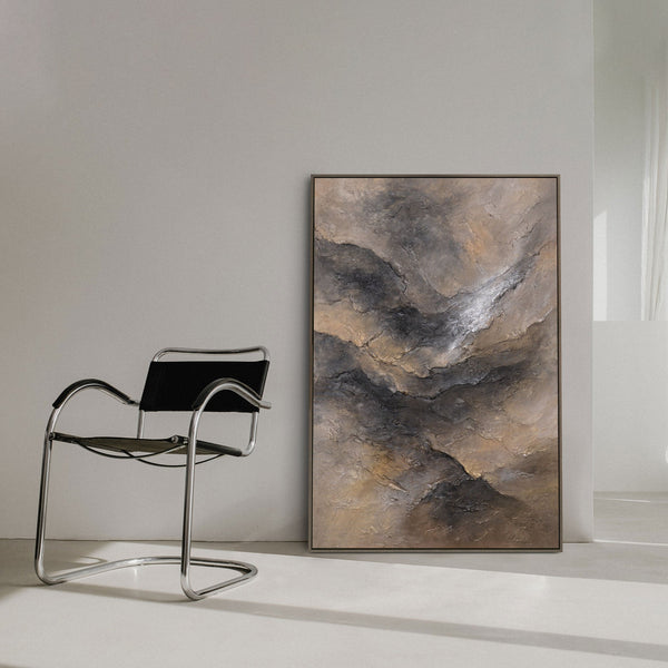 The painting “Darkness and Dawn” is a textured abstraction with a texture in natural tones.