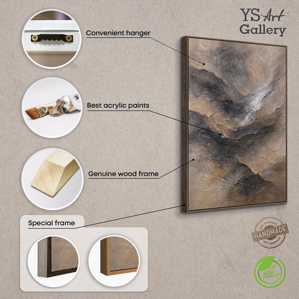 The painting “Darkness and Dawn” is a textured abstraction with a texture in natural tones.