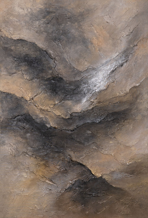The painting “Darkness and Dawn” is a textured abstraction with a texture in natural tones.