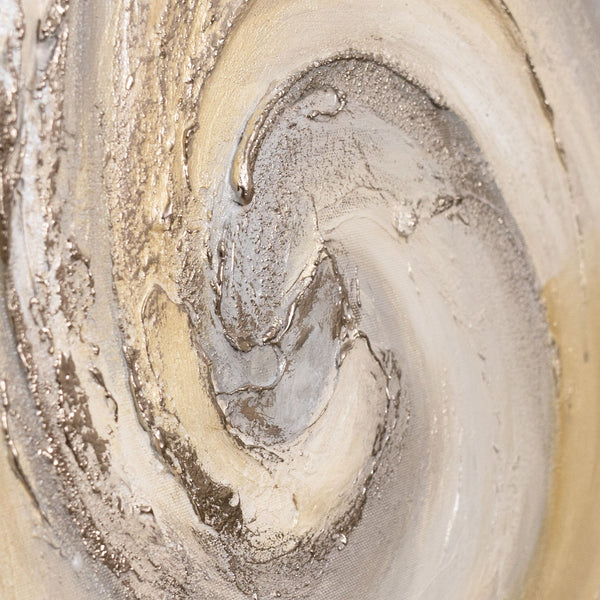 The painting “Sands and Clouds” — light abstract swirls on canvas
