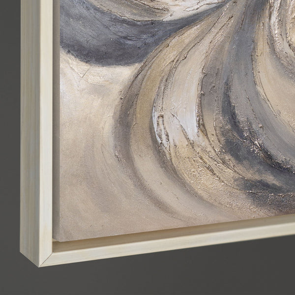 The painting “Sands and Clouds” — light abstract swirls on canvas
