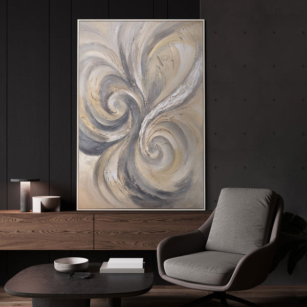 The painting “Sands and Clouds” — light abstract swirls on canvas