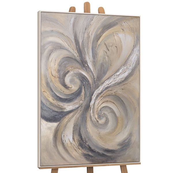 The painting “Sands and Clouds” — light abstract swirls on canvas
