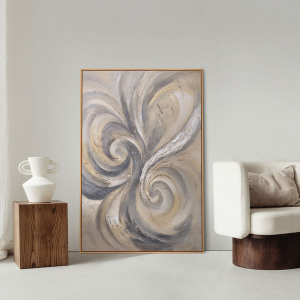 The painting “Sands and Clouds” — light abstract swirls on canvas