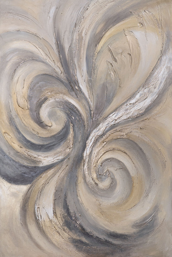 The painting “Sands and Clouds” — light abstract swirls on canvas