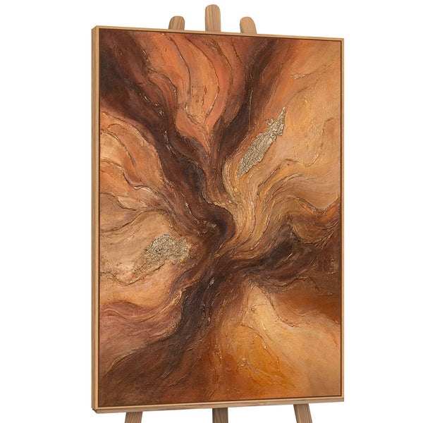 The painting “Amber Flows” is an abstract work in golden brown tones
