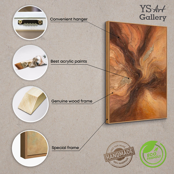 The painting “Amber Flows” is an abstract work in golden brown tones