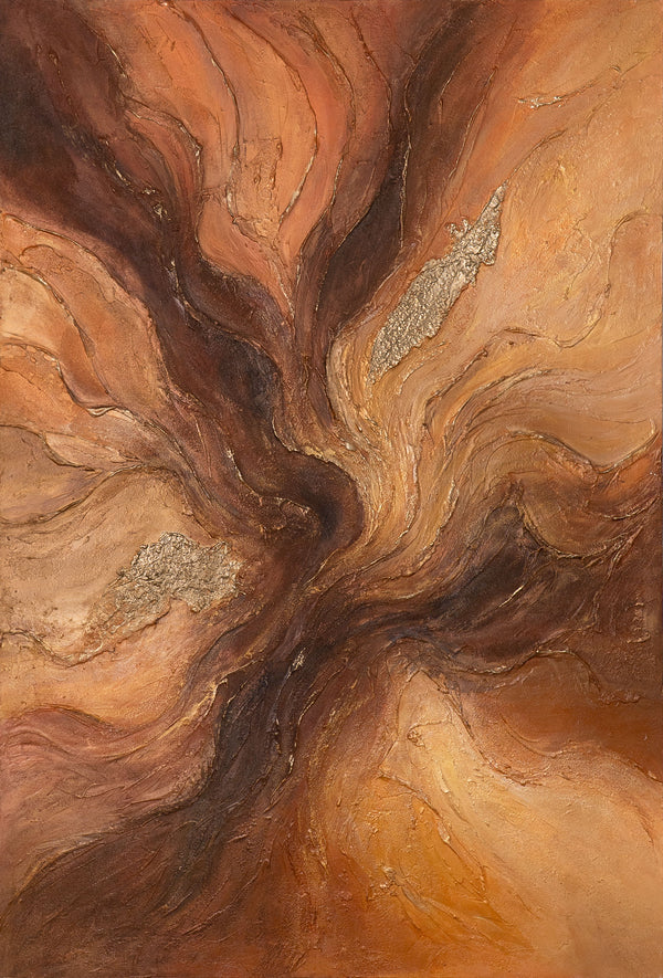 The painting “Amber Flows” is an abstract work in golden brown tones