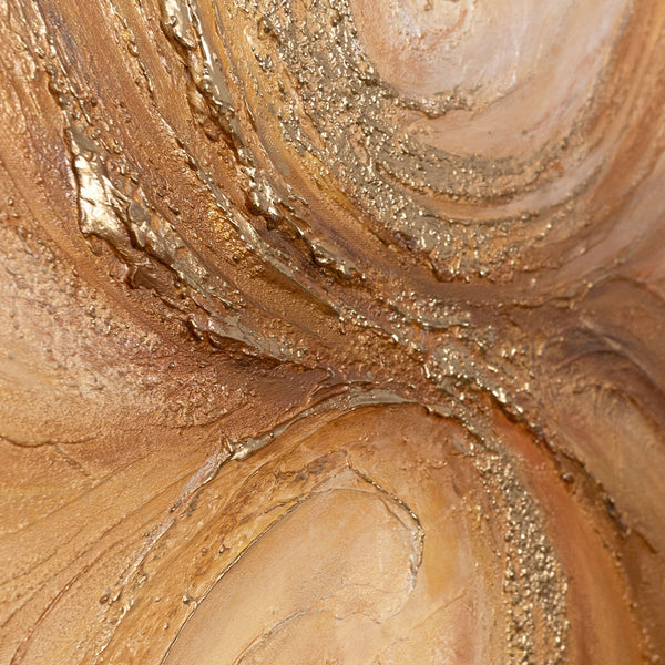 The painting “Warmth Whirlwind” is a textured abstraction in golden-copper tones.