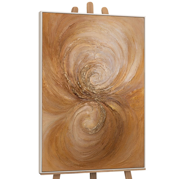 The painting “Warmth Whirlwind” is a textured abstraction in golden-copper tones.