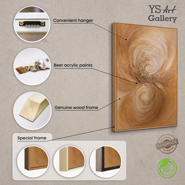 The painting “Warmth Whirlwind” is a textured abstraction in golden-copper tones.