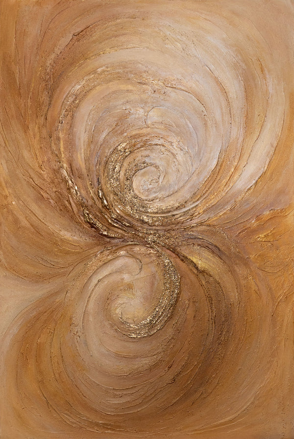 The painting “Warmth Whirlwind” is a textured abstraction in golden-copper tones.