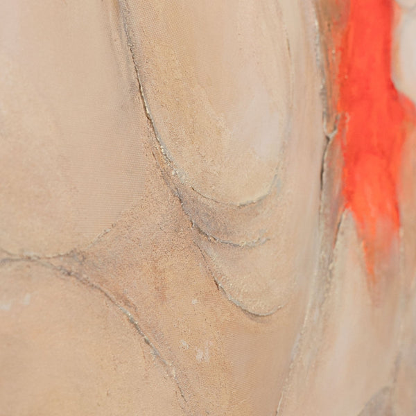 The painting “Echo of Flames” is an abstract composition with a red accent