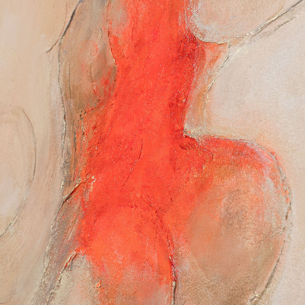 The painting “Echo of Flames” is an abstract composition with a red accent