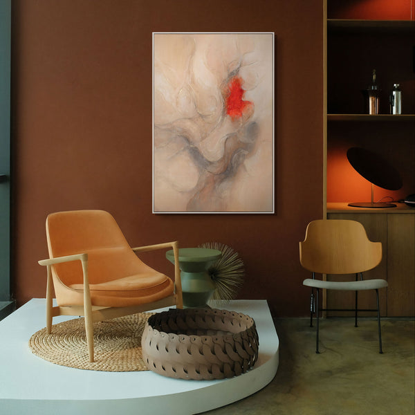 The painting “Echo of Flames” is an abstract composition with a red accent
