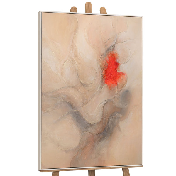 The painting “Echo of Flames” is an abstract composition with a red accent