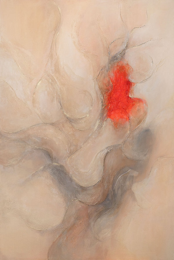 The painting “Echo of Flames” is an abstract composition with a red accent