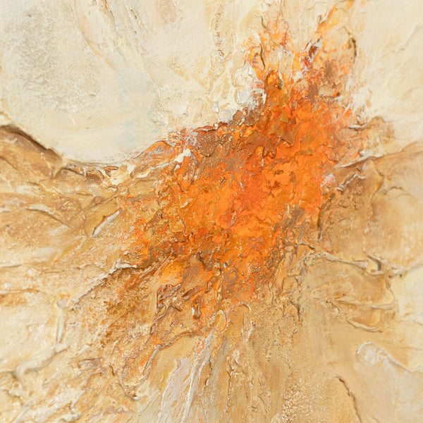 The painting “Fire Pollen” — a textured abstract flower in a calm palette