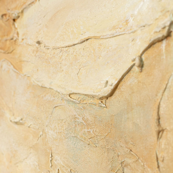 The painting “Fire Pollen” — a textured abstract flower in a calm palette