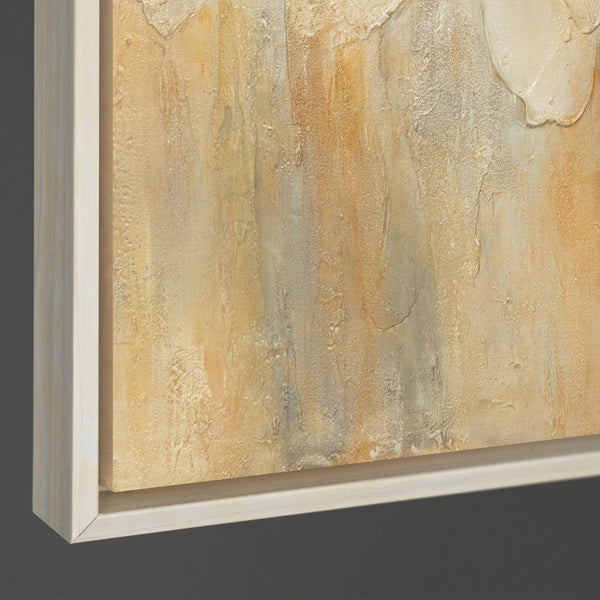 The painting “Fire Pollen” — a textured abstract flower in a calm palette