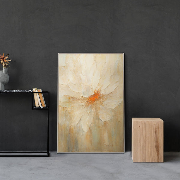 The painting “Fire Pollen” — a textured abstract flower in a calm palette