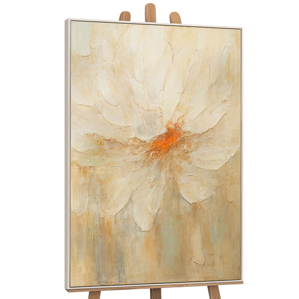 The painting “Fire Pollen” — a textured abstract flower in a calm palette
