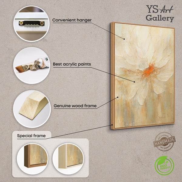 The painting “Fire Pollen” — a textured abstract flower in a calm palette