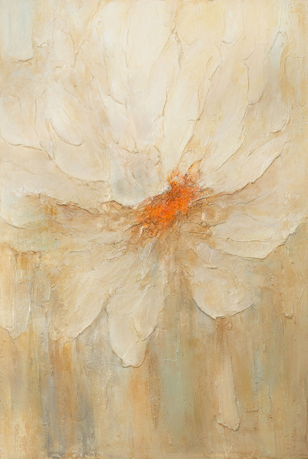 The painting “Fire Pollen” — a textured abstract flower in a calm palette