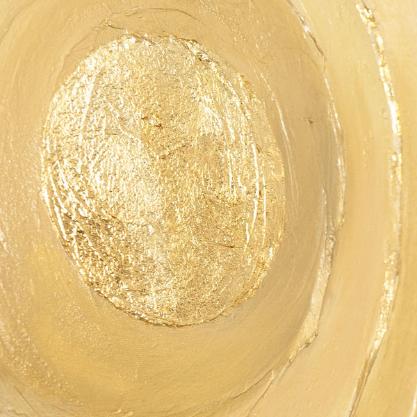 The painting “Circles of Time” is an abstract work with a voluminous texture in warm shades of gold